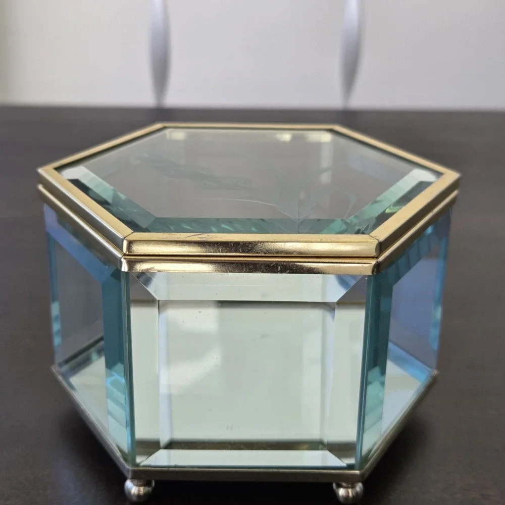 Vintage Hexagonal Floral Etched Glass Mirrored Jewelry Trinket Box
